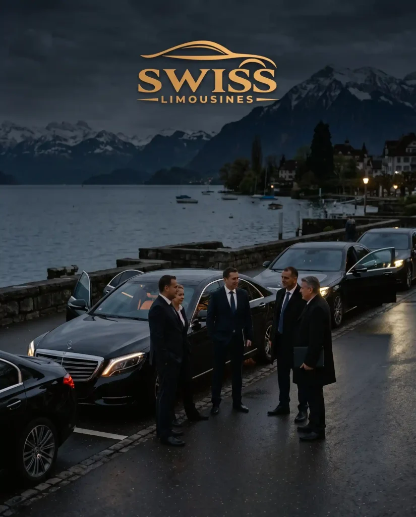Swiss Limousines Mercedes-Benz vehicles and business chauffeurs beside a Swiss lake