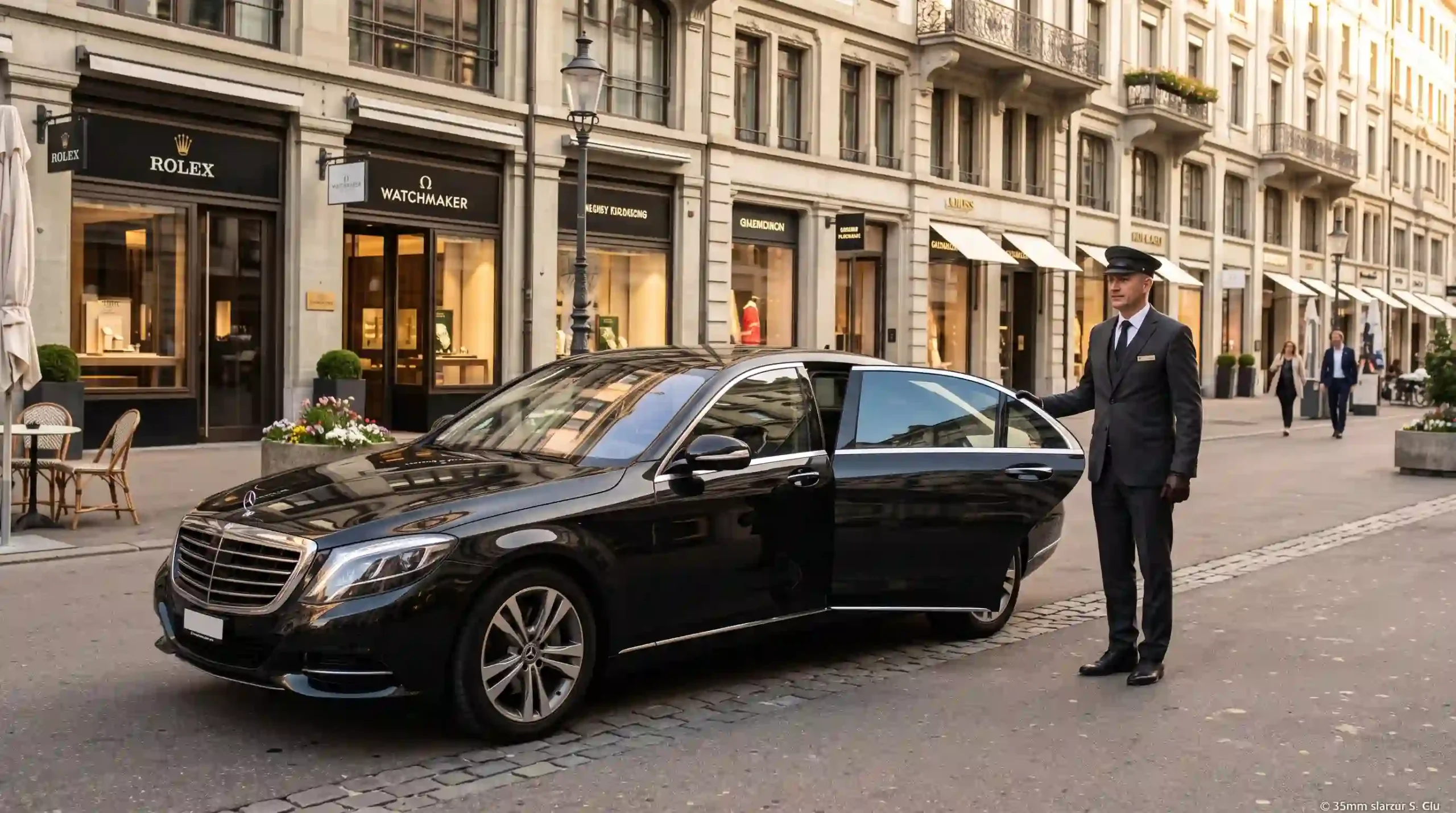 Black Mercedes-Benz sedan with a professional chauffeur for hourly chauffeur services
