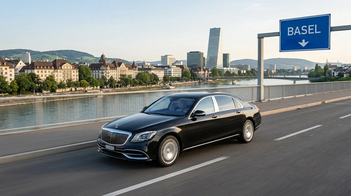 Sleek luxury Mercedes sedan crossing a bridge in Basel with modern Swiss urban architecture