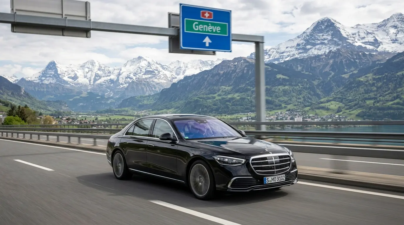 Luxury black Mercedes-Benz sedan driving on a scenic Swiss highway for a private transfer from Zurich to Geneva