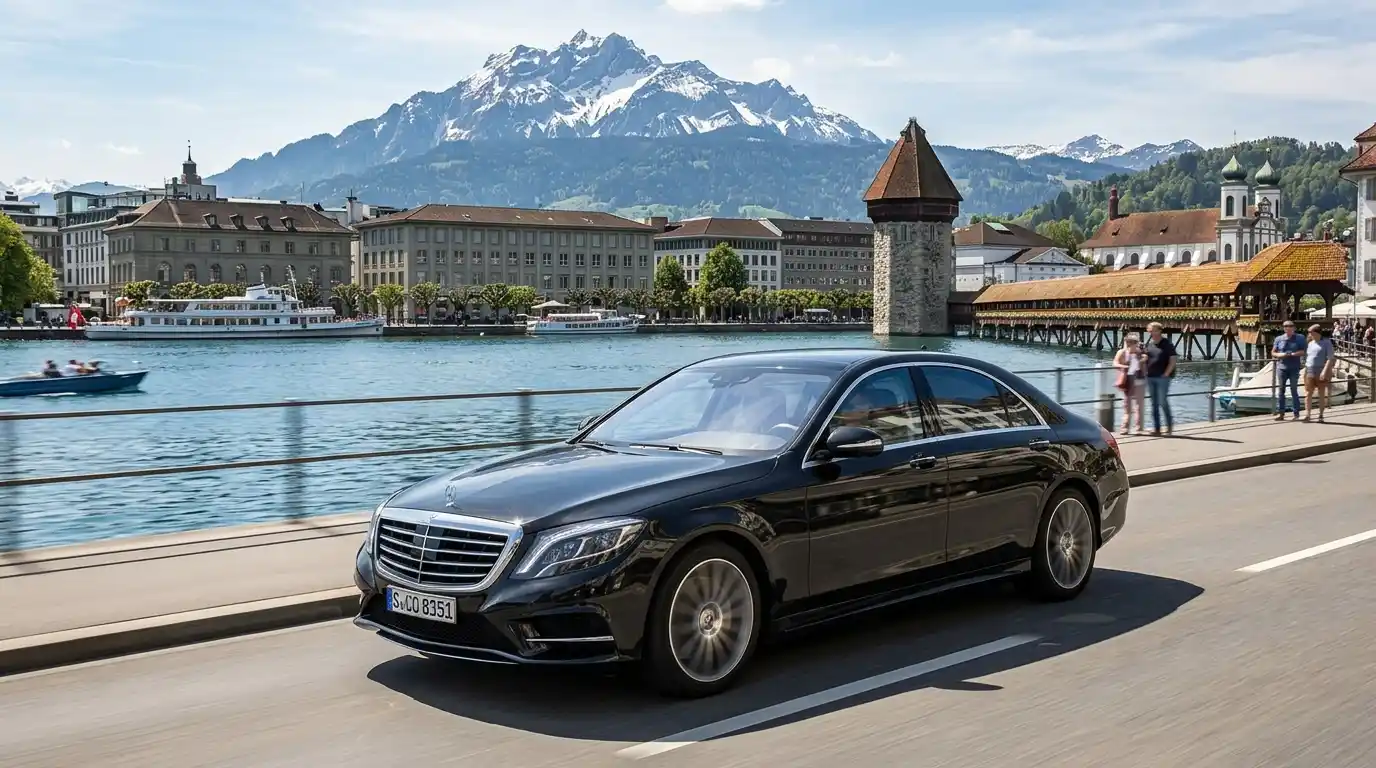Private luxury limousine parked by Lake Lucerne with historic Swiss architecture and mountains in the background