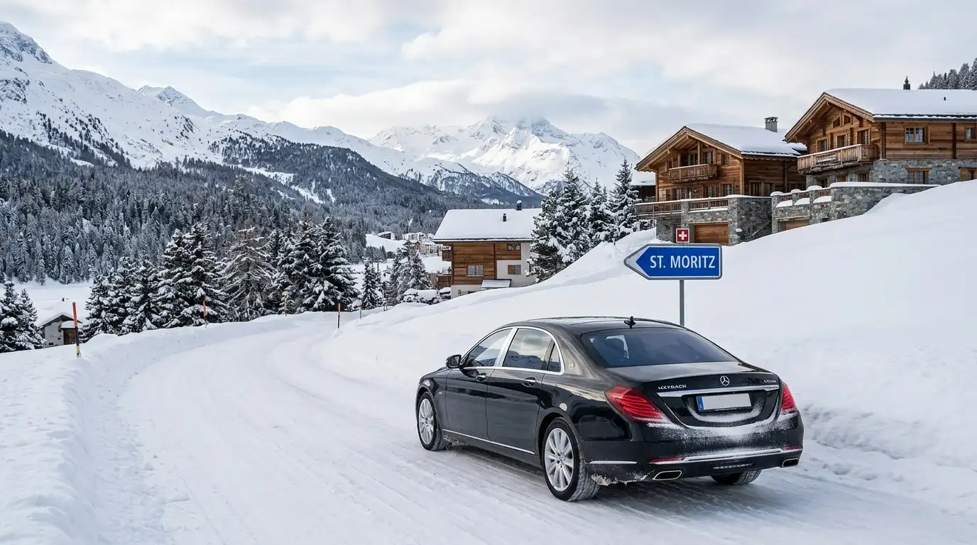 Premium black Mercedes limousine navigating snowy winter mountain roads toward St. Moritz